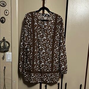 Lands' End Brown and White Floral Blouse
